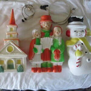 Rare 1960's Poloron Blow Mold Tabletop Christmas set: Snowman, Church & Carolers